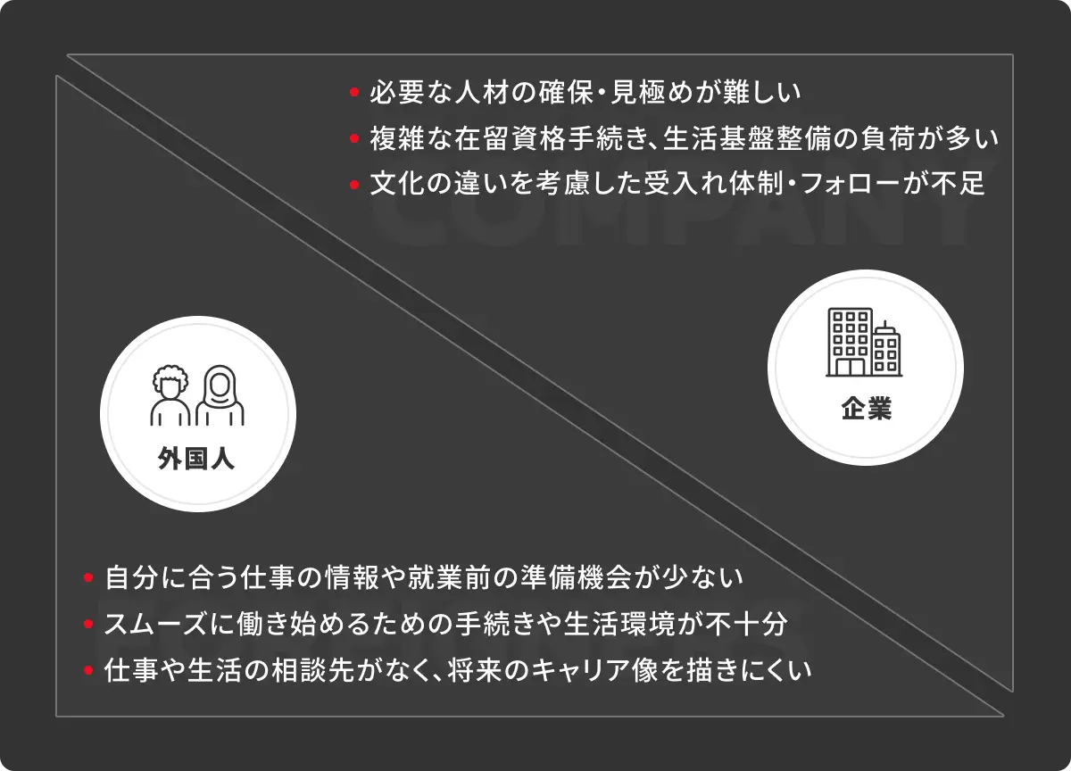 外国人と企業が抱える外国人材の採用・就労に関する課題を示した図