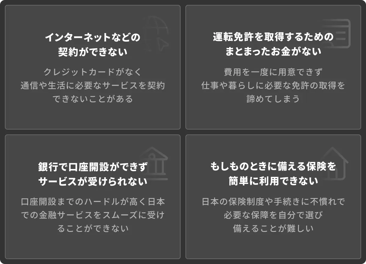 外国人が日本で暮らす際に抱える金融サービス利用の課題を示した図